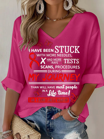 Women's Blood Cancer Red Ribbon Health Awareness Casual Printed Waffle Top