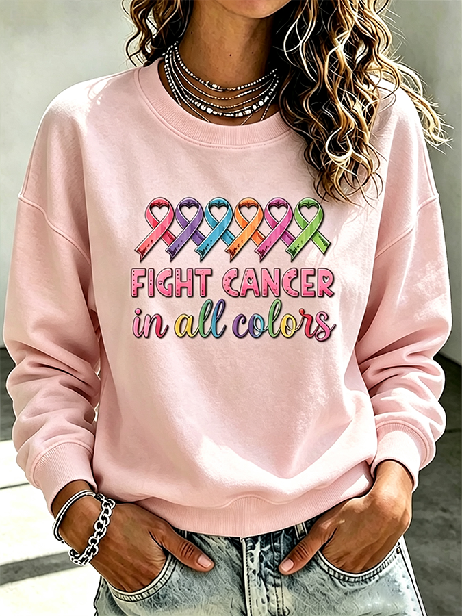 Women's Casual Cancer Promotion Month Multi Color Round Neck Top
