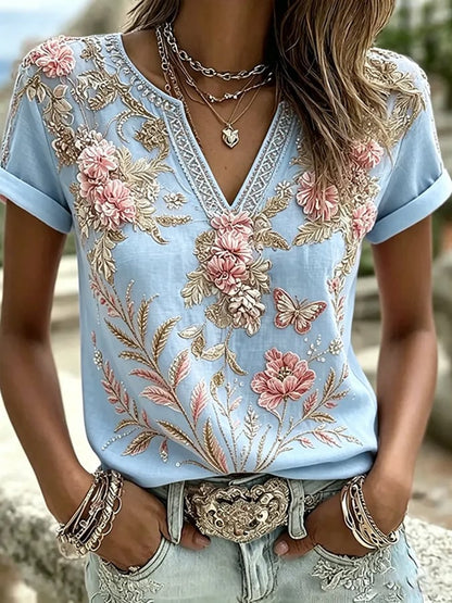 Women's  Floral Cotton-Linen Print Top