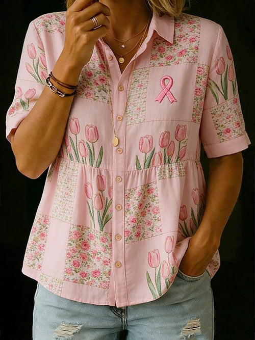 Women's Casual Floral Art Breast Cancer Awareness Print Shirt