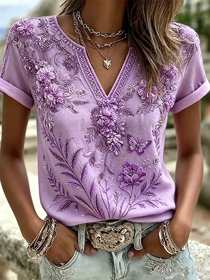 Women's  Floral Cotton-Linen Print Top