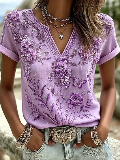 Women's  Floral Cotton-Linen Print Top