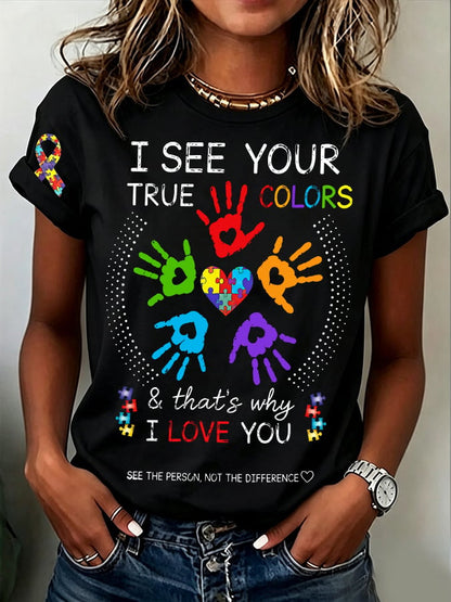 Women'S Casual Autism-Print Short-Sleeve T-Shirt