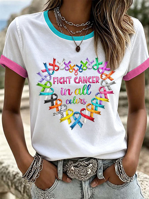 Women's Retro Fight Cancer In All Colors Printed T-shirt