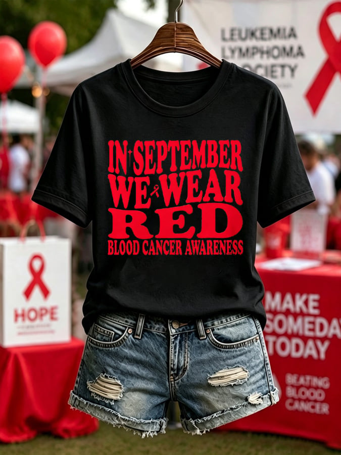 Women'S Blood Cancer Red Ribbon Health Awareness Round Neck T-Shirt