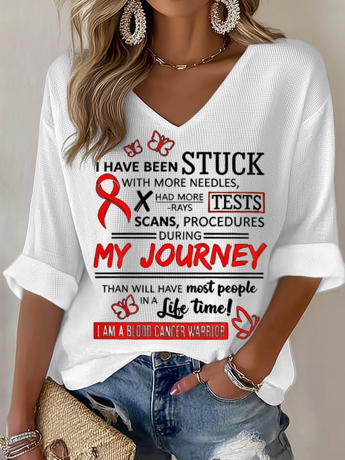 Women's Blood Cancer Red Ribbon Health Awareness Casual Printed Waffle Top