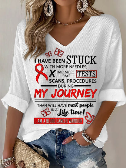 Women's Blood Cancer Red Ribbon Health Awareness Casual Printed Waffle Top