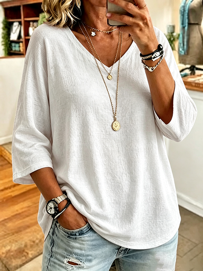 Women'S Casual V-Neck Solid Color Seven Quarter Sleeve T-Shirt