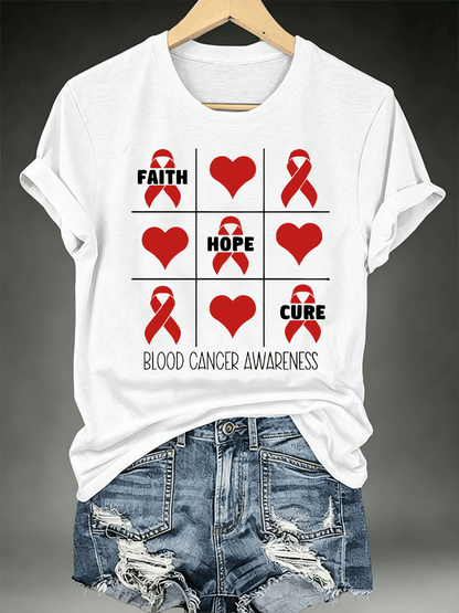 Women's T-shirts with designs promoting awareness of blood cancers