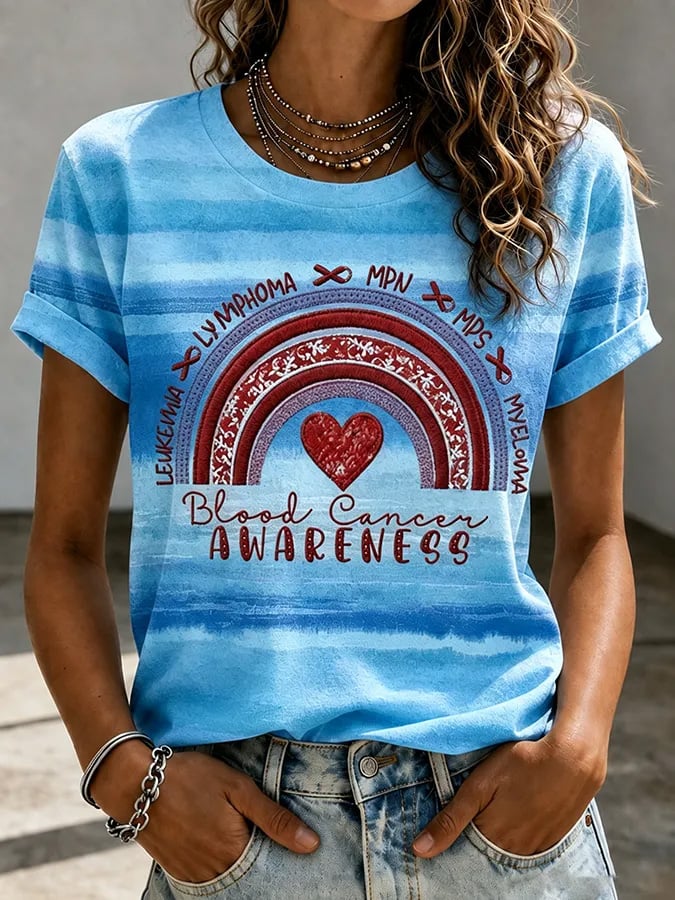 Women'S Blood Cancer Red Ribbon Health Awareness Round Neck T-Shirt