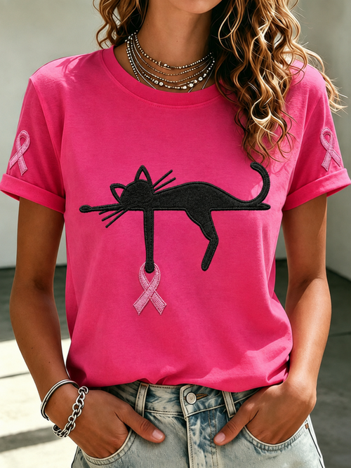 Women'S Pink Ribbon Cat Print Breast Cancer Awareness Short-Sleeved T-Shirt