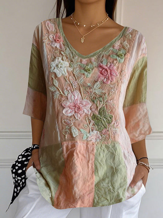 Women's Summer Casual Top With Elegant Floral Embroidery Print