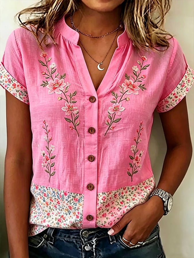 Women'S Casual Pink Floral Print Shirt