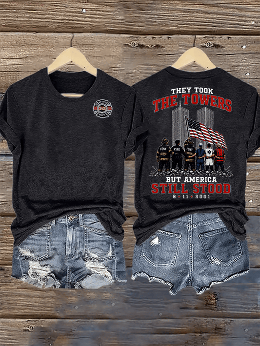 Women's BUT AMERICA STILL STOOD Print Crew-Neck T-Shirt