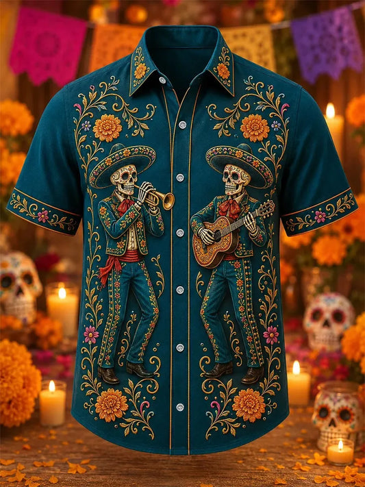 Men's Day Of The Dead Skeleton Musicians Playing Trumpet And Guitar Print Short Sleeve Buttons Shirt