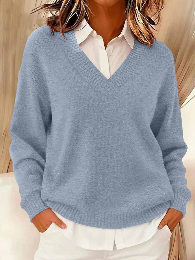 Women's Casual V-neck Long-sleeved Sweater