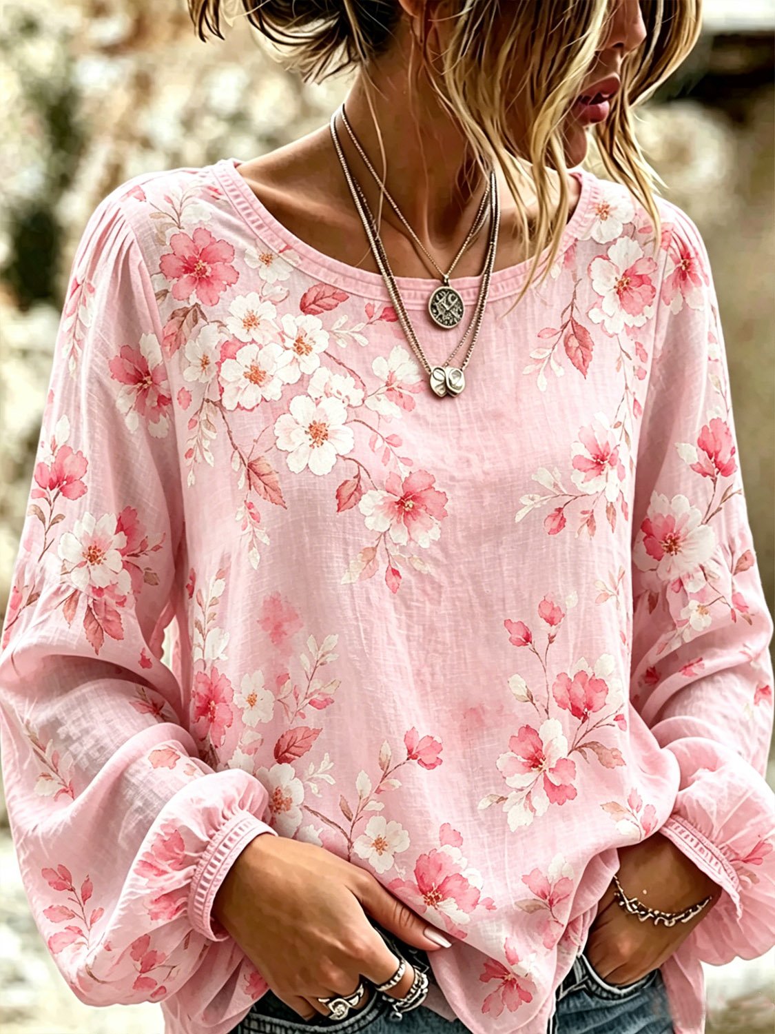 Women's Vintage-Style Printed Cotton-Linen Top