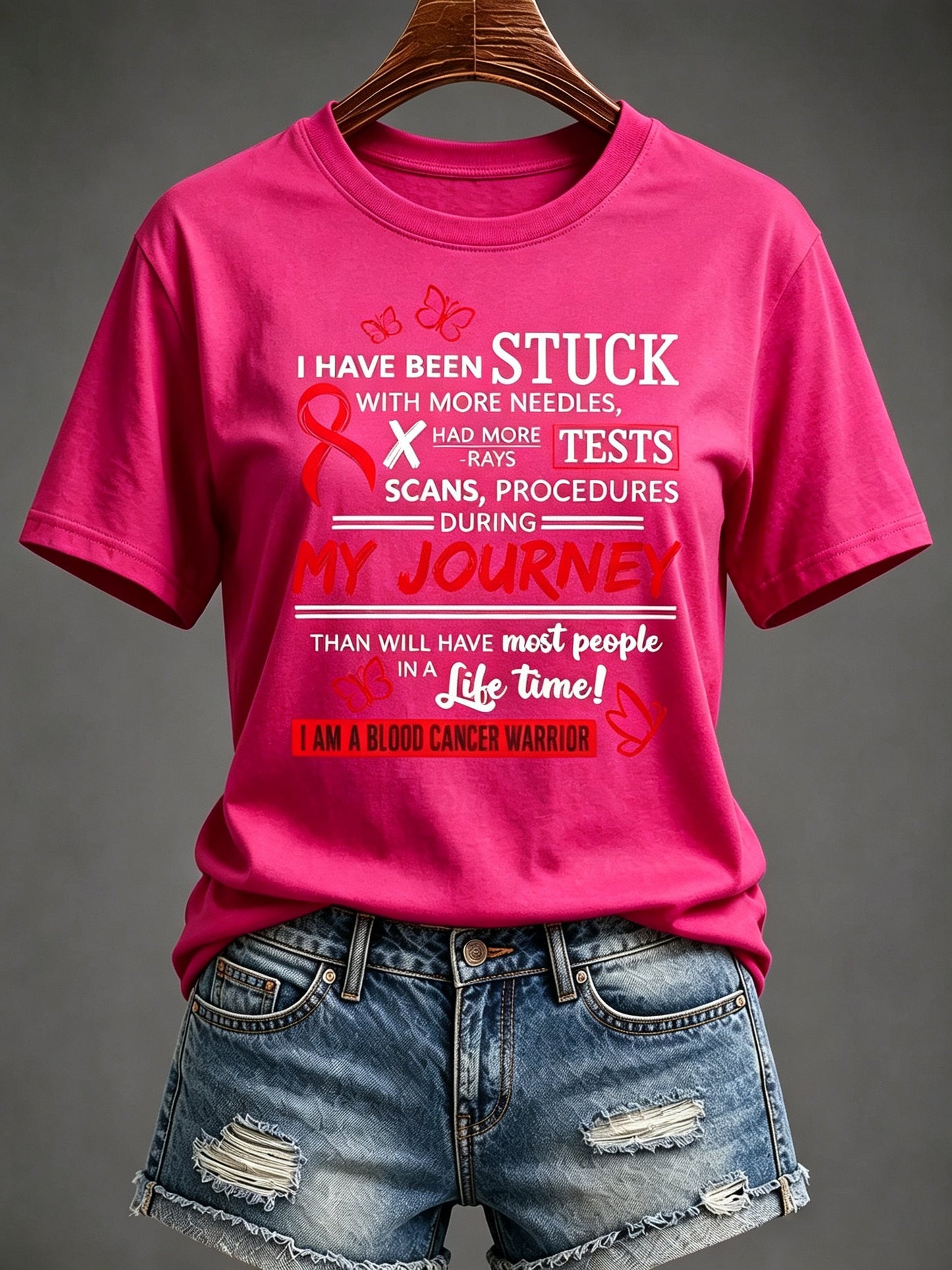 Women'S Blood Cancer Red Ribbon Health Awareness Round Neck T-Shirt