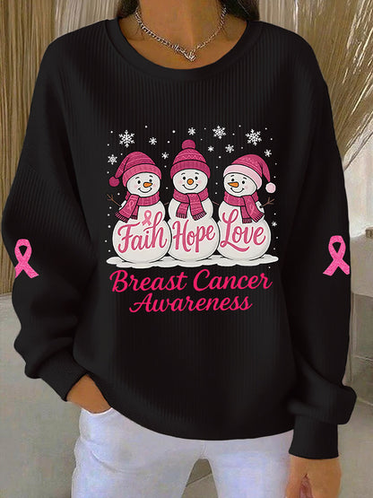 Women's Breast Cancer Awareness Christmas Snowman Pink Ribbon Ribbed Round-Neck Sweatshirt