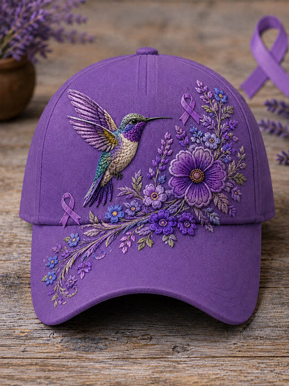 Unisex Purple Floral & Hummingbird Print Alzheimer's Awareness Support Hat