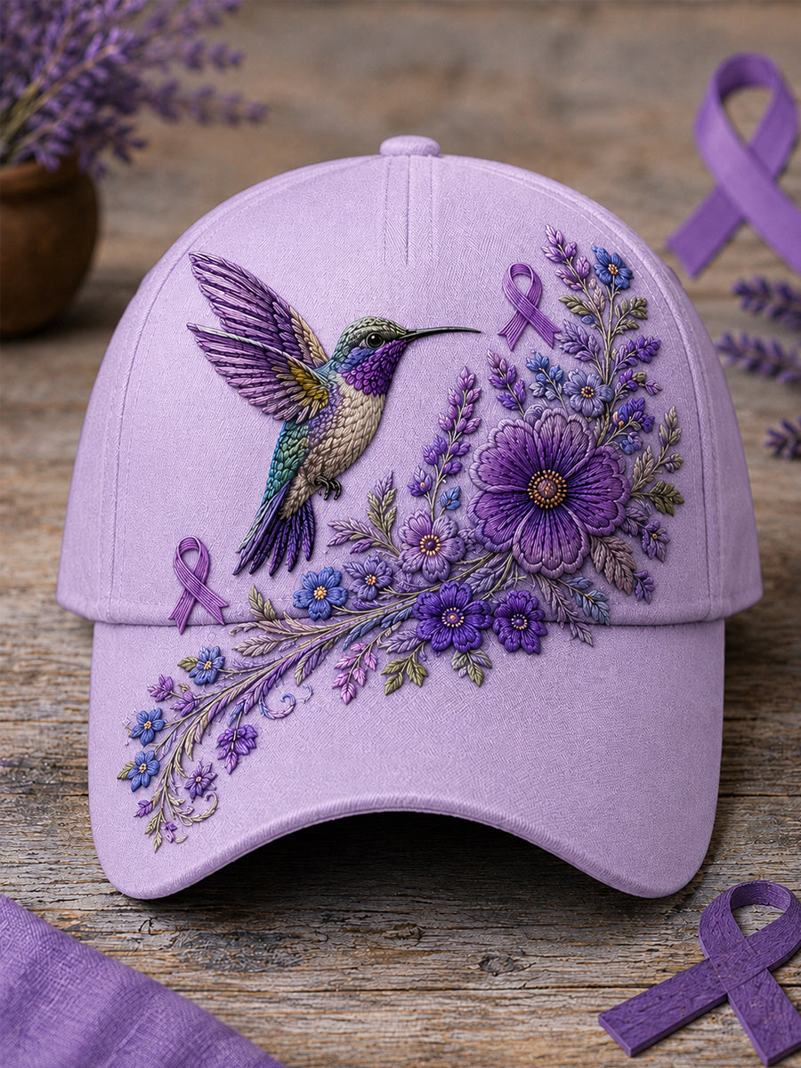 Unisex Purple Floral & Hummingbird Print Alzheimer's Awareness Support Hat