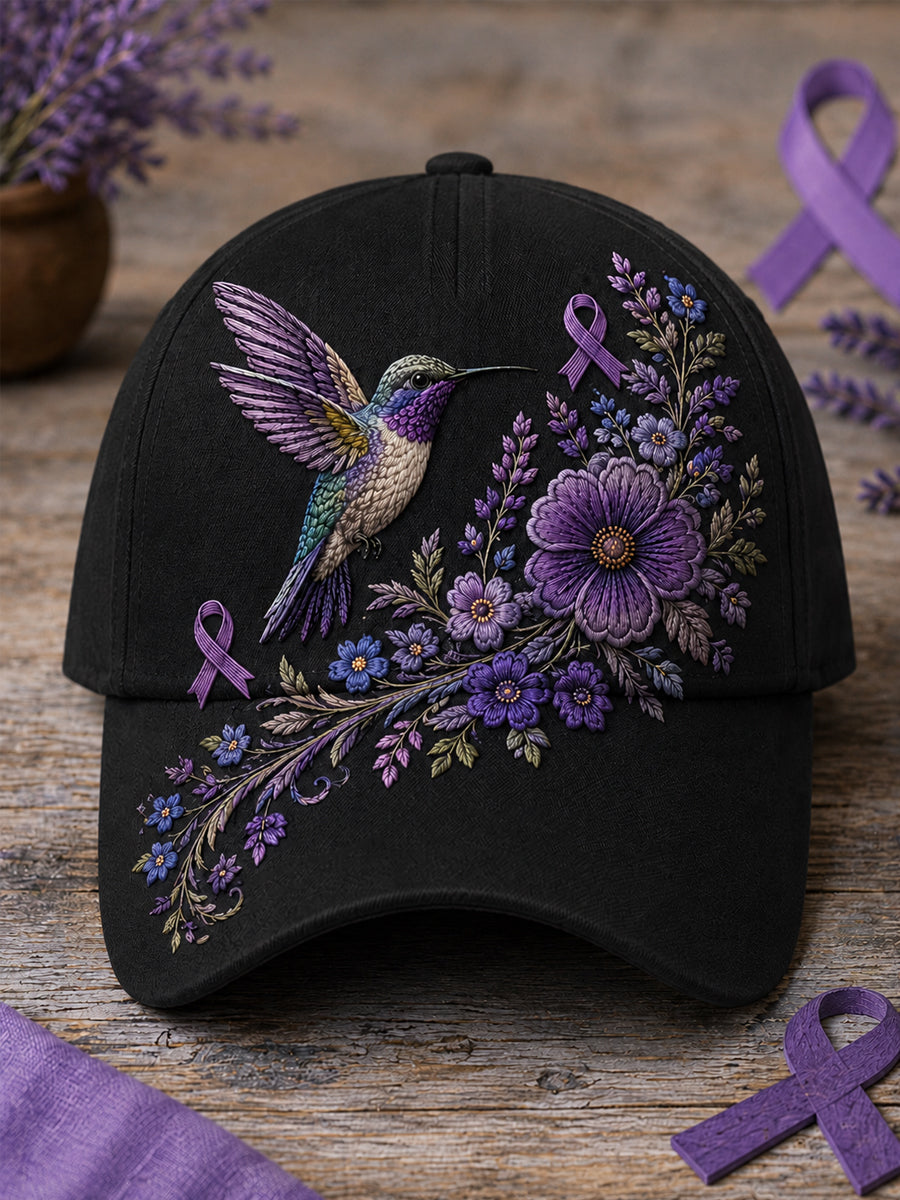 Unisex Purple Floral & Hummingbird Print Alzheimer's Awareness Support Hat