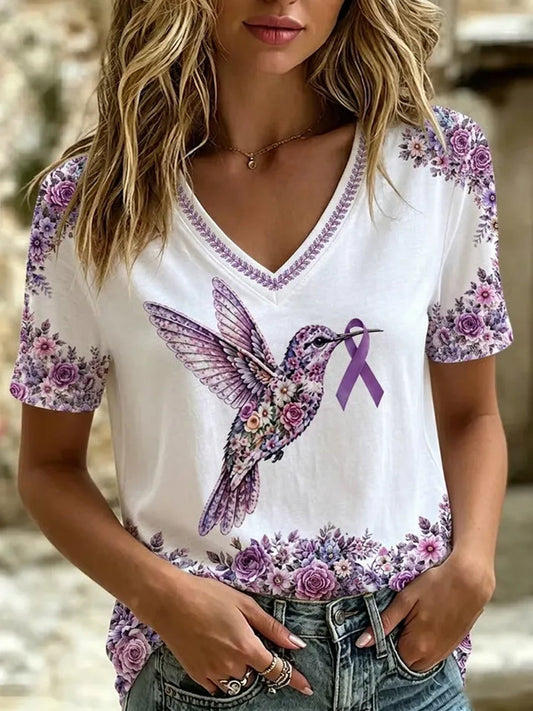 Women's  Alzheimer's Awareness Support Purple Floral & Hummingbird Print  T-shirt