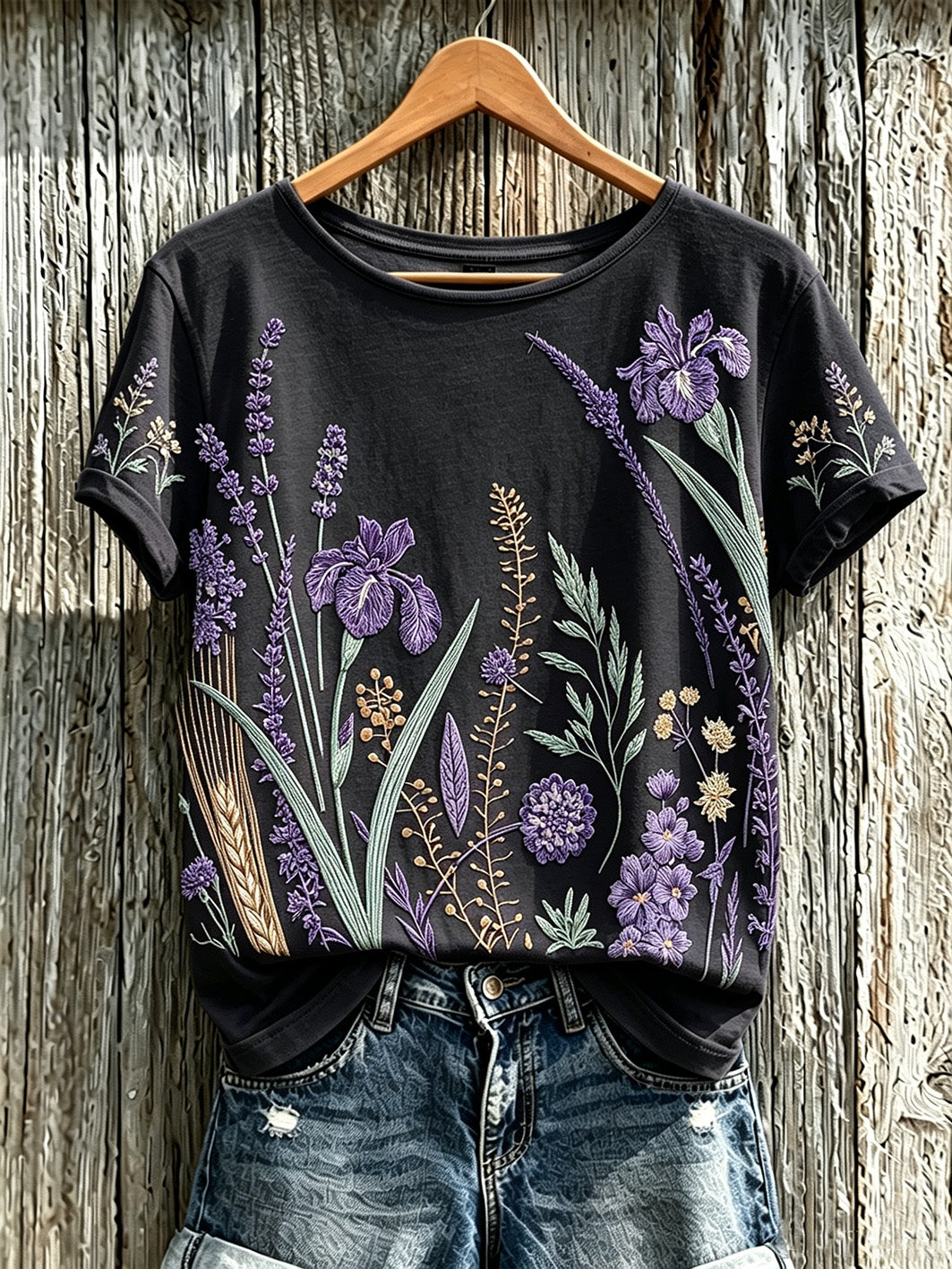 Women's purple plant flower pattern printed casual T-shirt