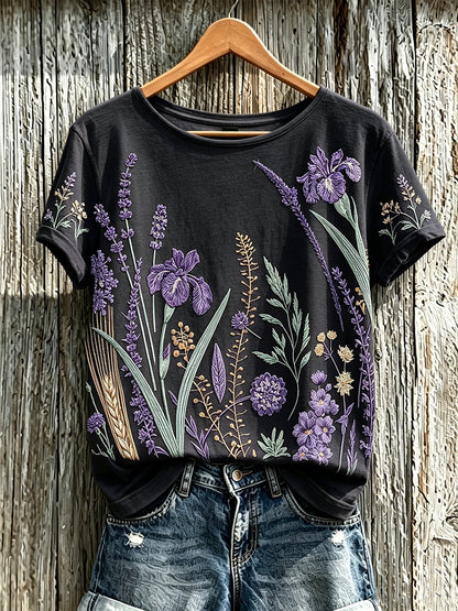 Women's purple plant flower pattern printed casual T-shirt