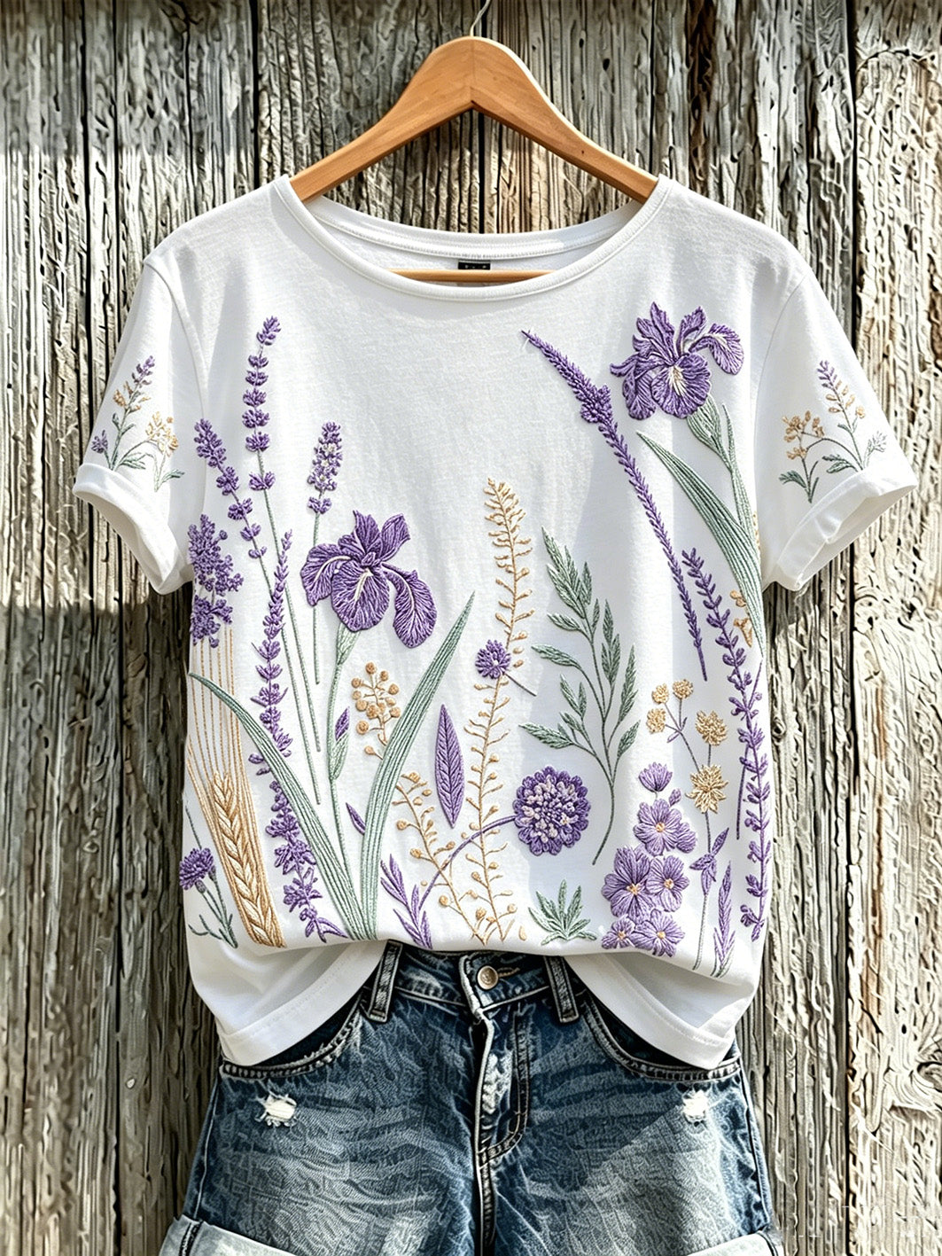 Women's purple plant flower pattern printed casual T-shirt