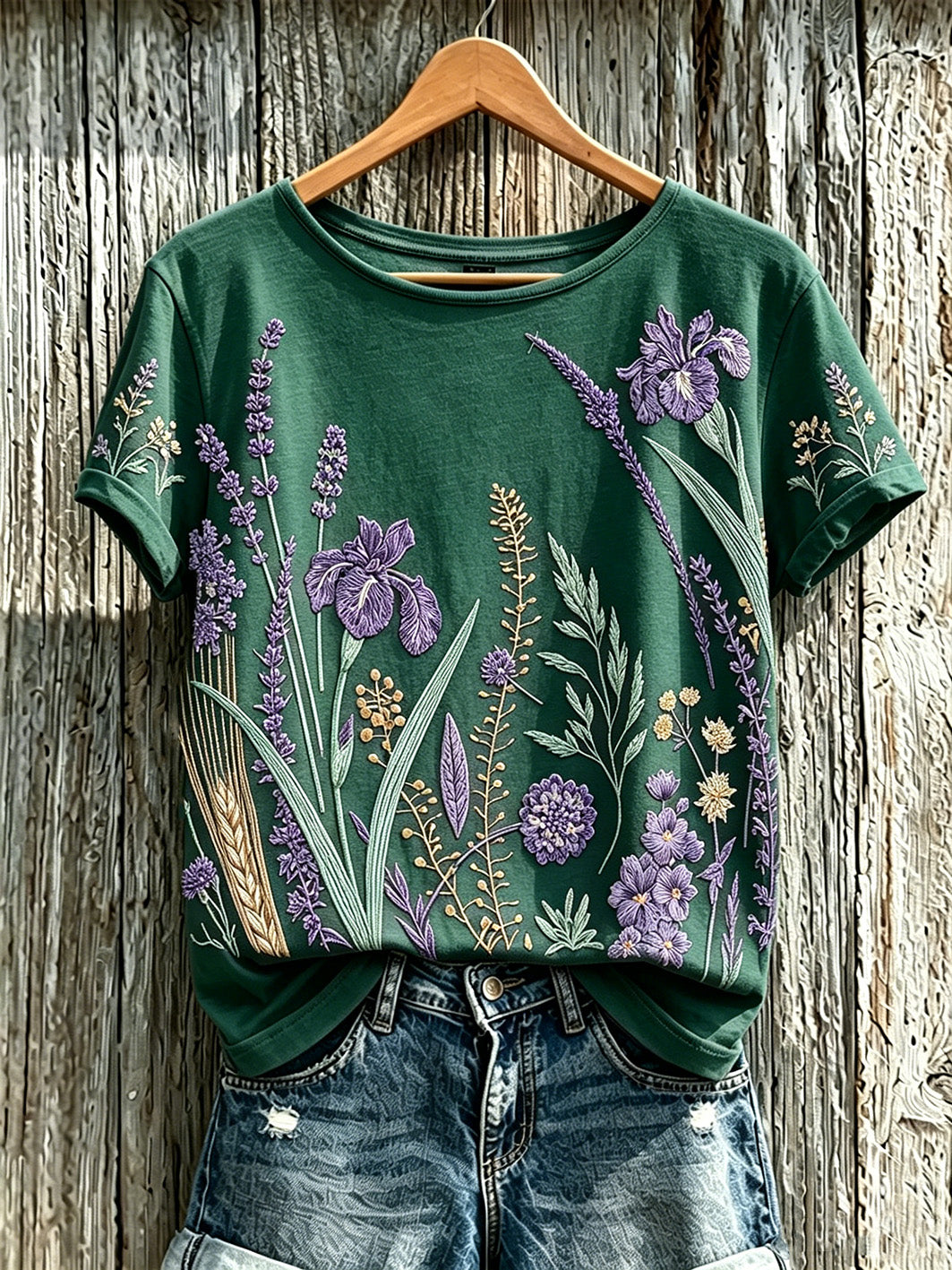 Women's purple plant flower pattern printed casual T-shirt