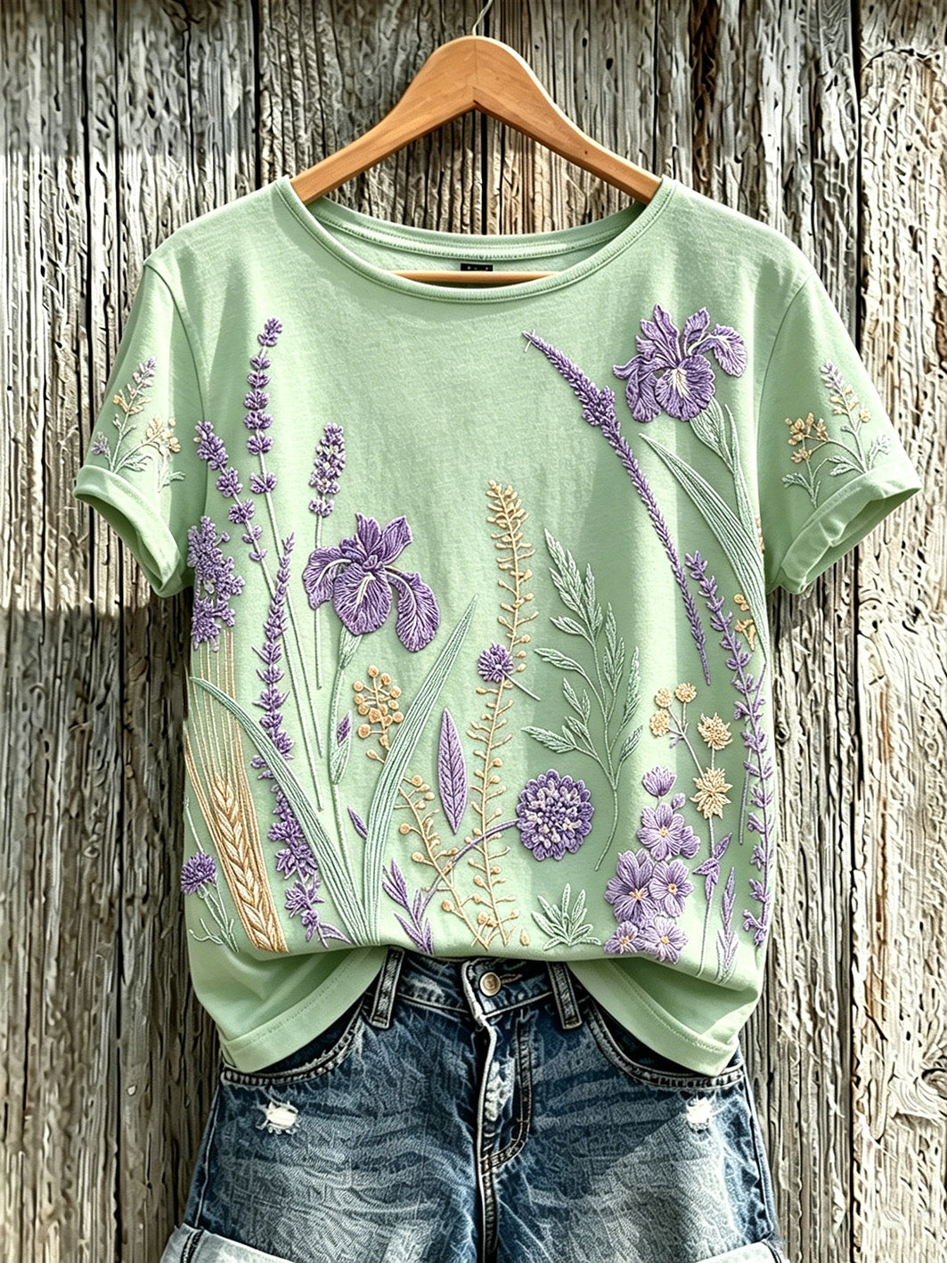Women's purple plant flower pattern printed casual T-shirt
