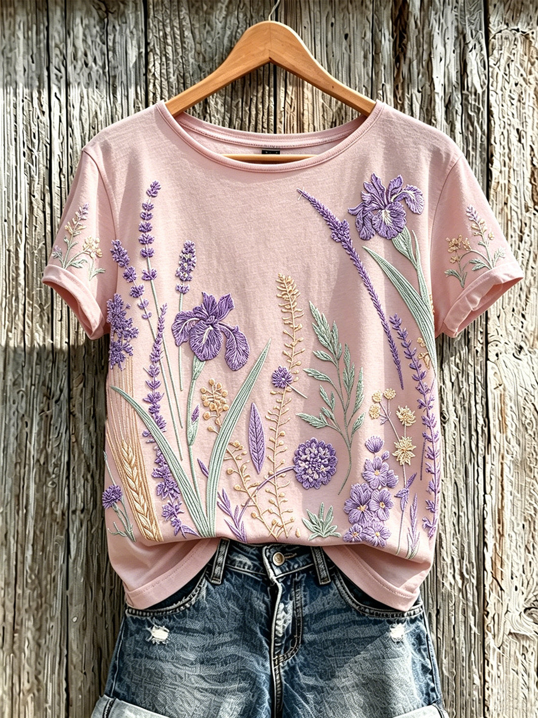 Women's purple plant flower pattern printed casual T-shirt