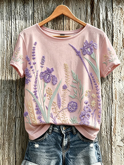 Women's purple plant flower pattern printed casual T-shirt