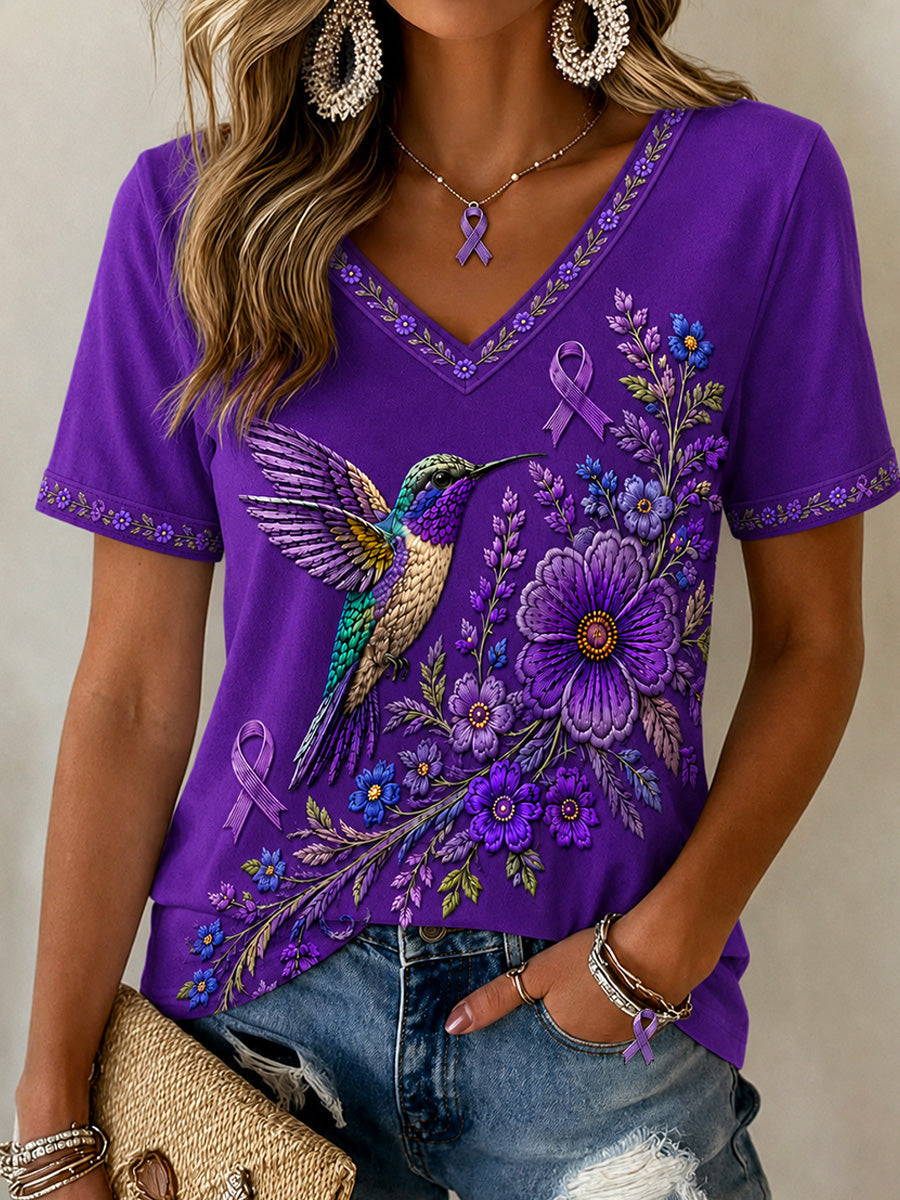 Women's Purple Floral & Hummingbird Print Alzheimer's Awareness Support V-Neck Tee