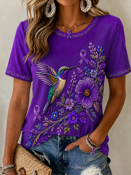 Women's Purple Floral & Hummingbird Print Alzheimer's Awareness Support Tee