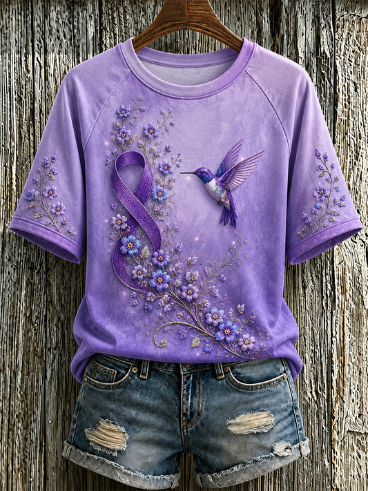 Women's Purple Floral & Hummingbird Print Alzheimer's Awareness Support Tee