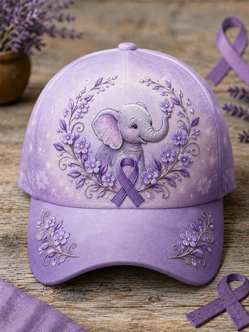 Unisex Purple Floral & Elephant Print Alzheimer's Awareness Support Hat