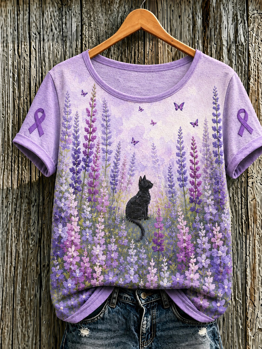 Women's Alzheimer's Awareness Support Purple Floral & Cat Print  Short-sleeved T-shirt