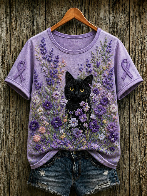 Women's Alzheimer's Awareness Support Purple Floral & Cat Print  Short-sleeved T-shirt