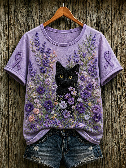 Women's Alzheimer's Awareness Support Purple Floral & Cat Print  Short-sleeved T-shirt