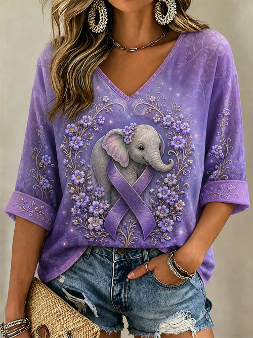 Women's Purple Floral & Elephant Print Alzheimer's Awareness Support V-Neck Tee