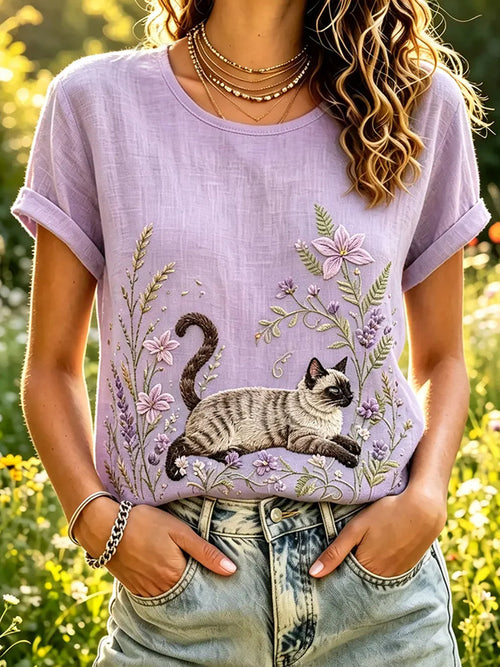 Women's Siamese Cat And Lavender Print Linen Short-sleeved T-shirt