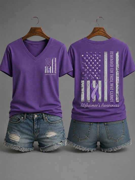 Women's Purple Ribbon Remember For Those Who Cannot USA Flag Print Alzheimer's Awareness Support V-Neck Tee