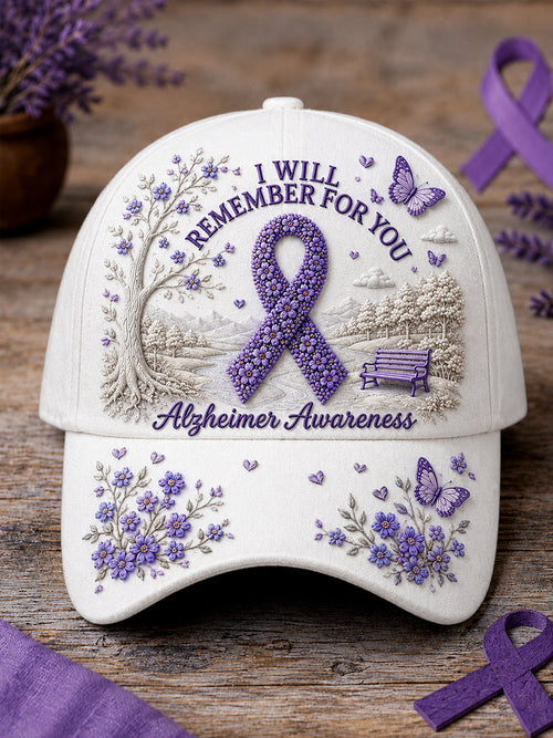Unisex Purple Ribbon I Will Remember For You Print Alzheimer's Awareness Support  Hat