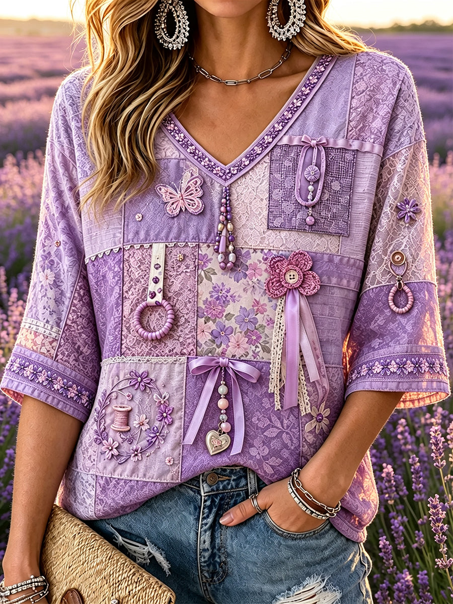 Women's Purple Patchwork Pattern Print Alzheimer's Awareness Support Mid-length Sleeves V-Neck T-Shirt