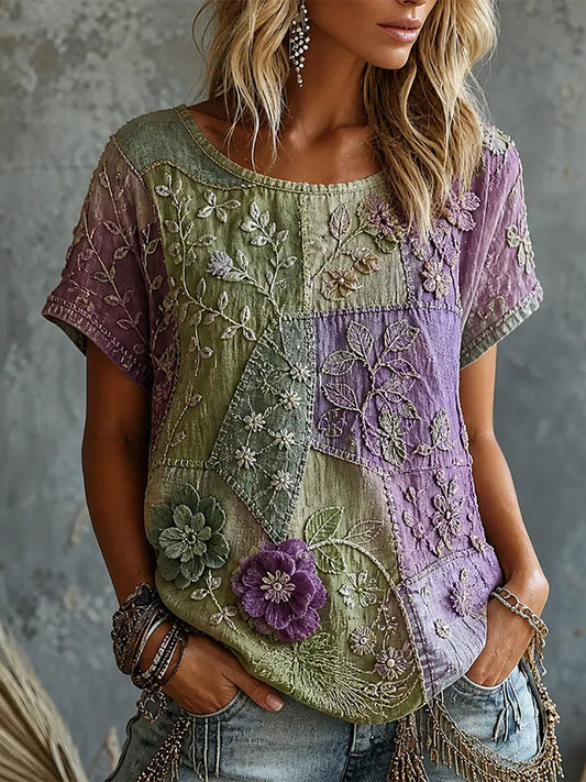 Women's Vintage Purple Floral Patchwork Print Linen Short-sleeved T-shirt