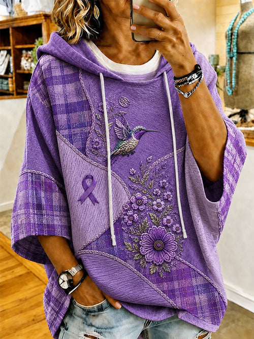 Women's Purple Floral & Hummingbird Print Alzheimer's Awareness Support Short-Sleeve Hoodie