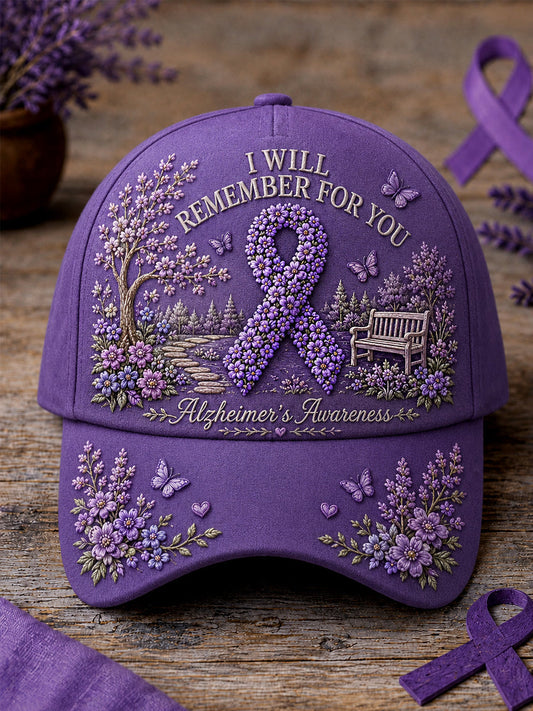 Unisex Purple Ribbon I Will Remember For You Print Alzheimer's Awareness Support  Hat