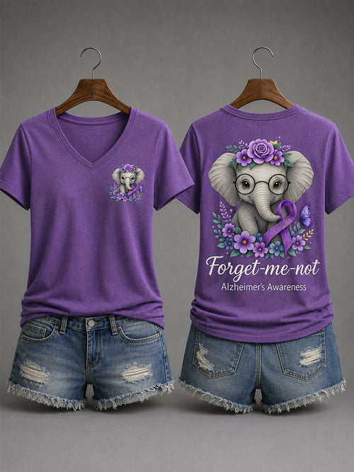 Women's Purple Ribbon Elephant Forget-Me-Not Alzheimer's Awareness Support V-Neck Tee